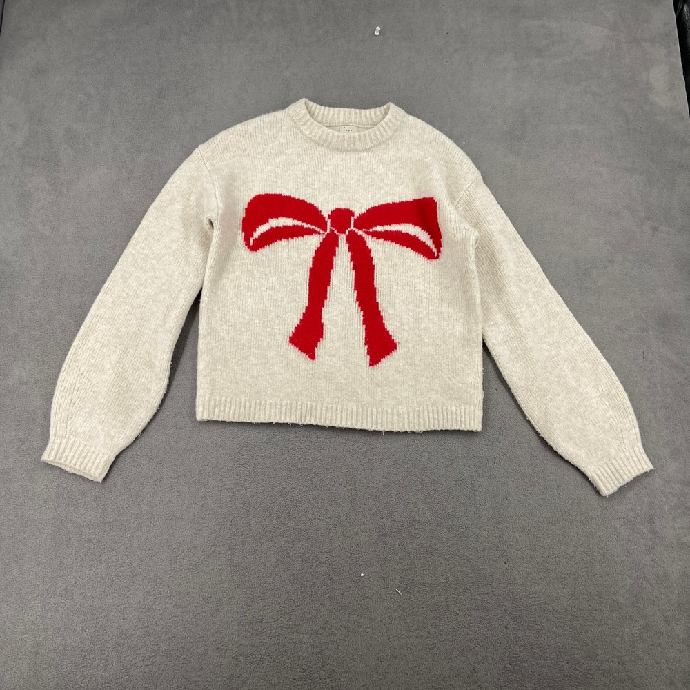 A New Day Cream Knit Bow Sweater Red Graphic Pullover XS Holiday Coquette